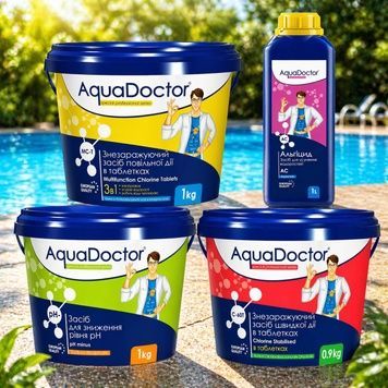Набор химии для бассейна AquaDoctor Длительный-шок хлор в таблетках,пш минус, альгицид 7773 фото