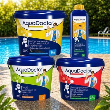 Набор химии для бассейна AquaDoctor Длительный-шок хлор в таблетках,пш минус, альгицид 7774 фото