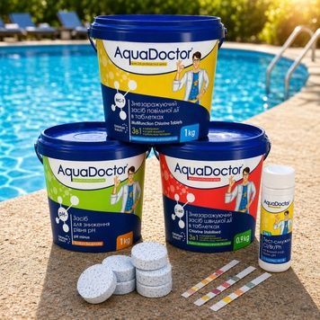 Стартовый набор химии для бассейна AquaDoctor 4в1 &mdash; быстрый хлор C60T, медленный хлор MCT, pH минус, тест-полоски Cl/Br/pH 7775 фото