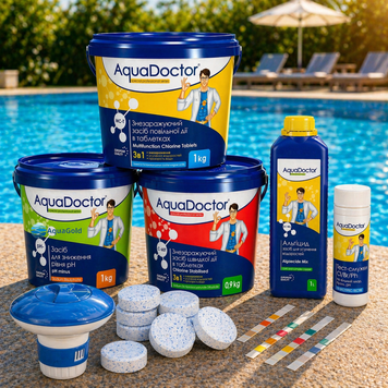 Набор химии для бассейна AquaDoctor Super Kit 6в1 | стартовый комплект для запуска бассейна, хлор, альгицид, pH минус, тестер, дозатор 7777 фото